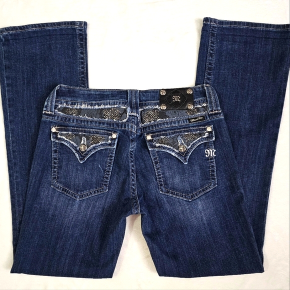 Miss Me Boot Embellished Black Rose Lace & Rhinestone Detail Edgy Jeans - Picture 1 of 16